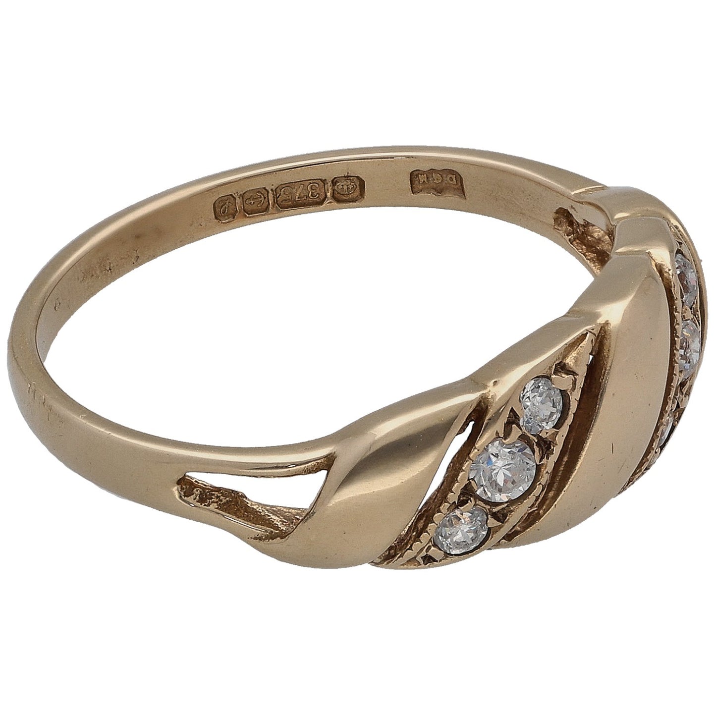 9ct gold CZ cocktail ring profile with clear stones and engraved inner band