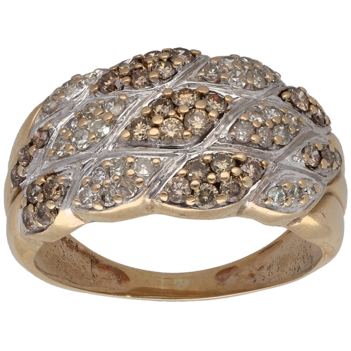 Two-tone gold diamond dress ring with round pave stones in wave setting