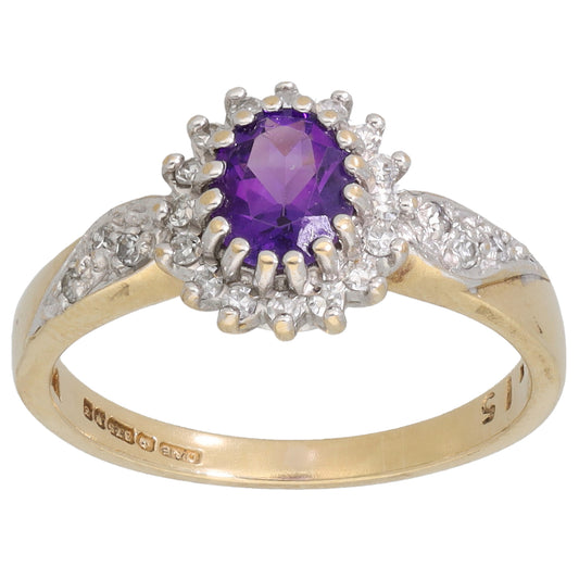 9ct Gold Amethyst & 0.15ct Diamond Dress/Cocktail Ring Size L