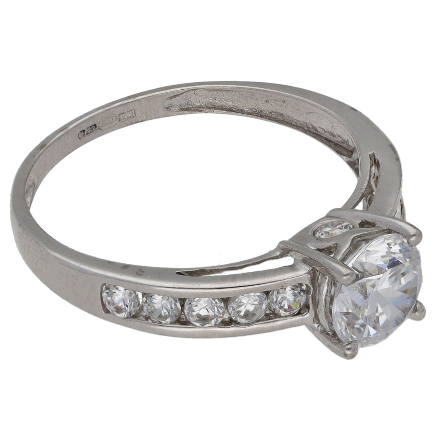 9ct White Gold Cubic Zirconia Single Stone Ring with Accent Stones Size M