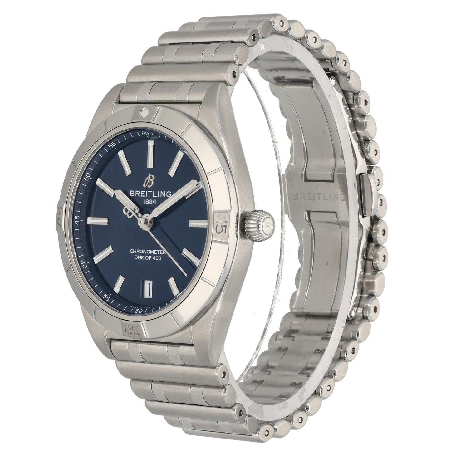 Breitling Chronomat A10380 Stainless steel wristwatch side view with blue dial and rotating bezel