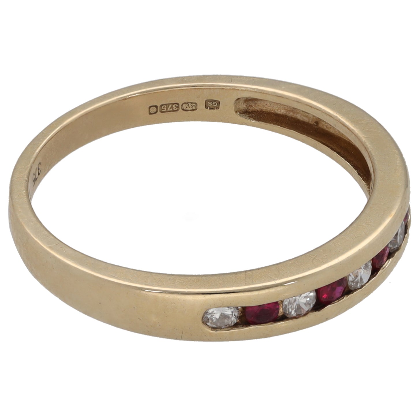 9ct Gold Ruby & 0.15ct Diamond Half Eternity Ring Size P