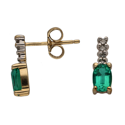9ct Gold Man Made Emerald & 0.08ct Diamond Drop Earrings