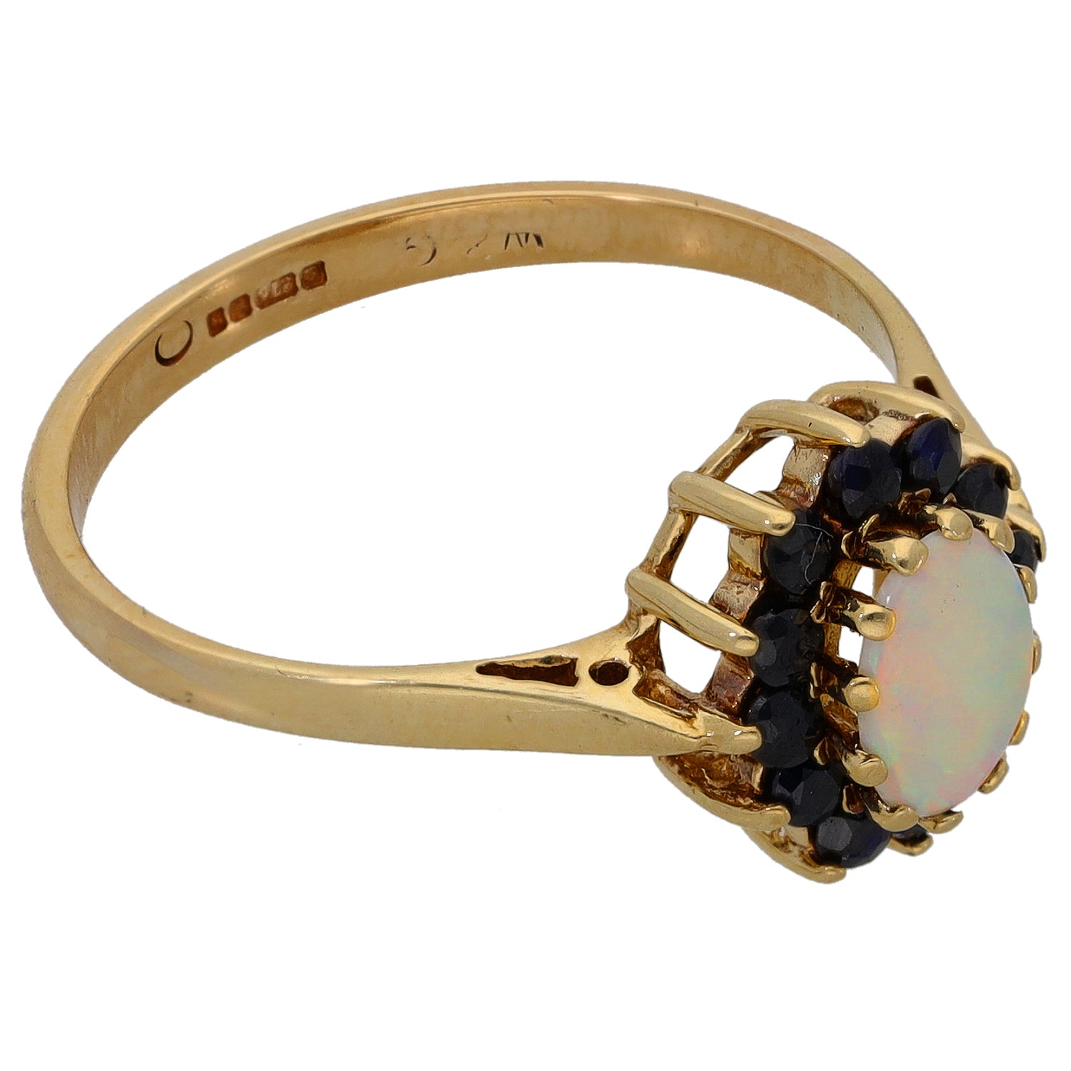9ct gold opal single-stone ring with oval opal and dark round accent stones, side view