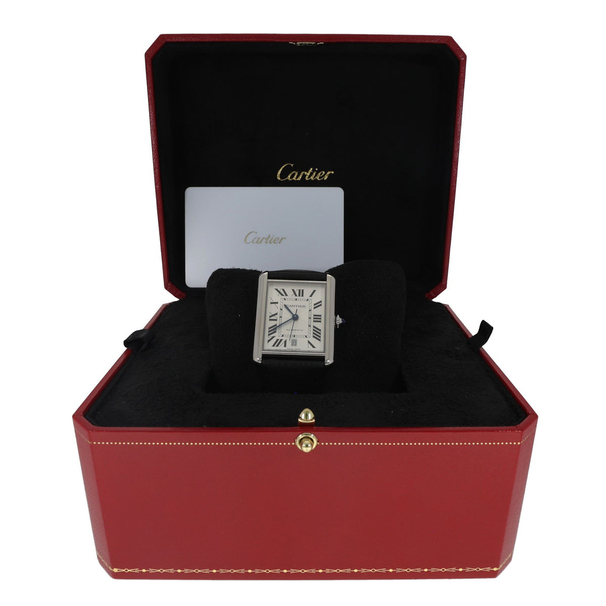 Cartier Tank Solo WSTA0040, white dial, Roman numerals on black leather bracelet, in Cartier box
