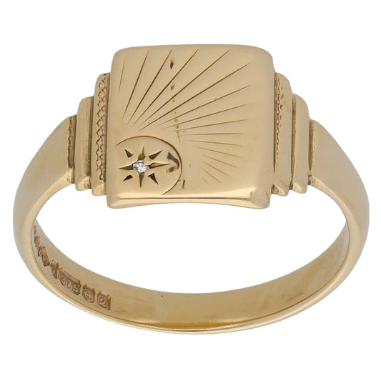 9ct Gold 0.01ct Diamond Patterned Signet Ring Size U