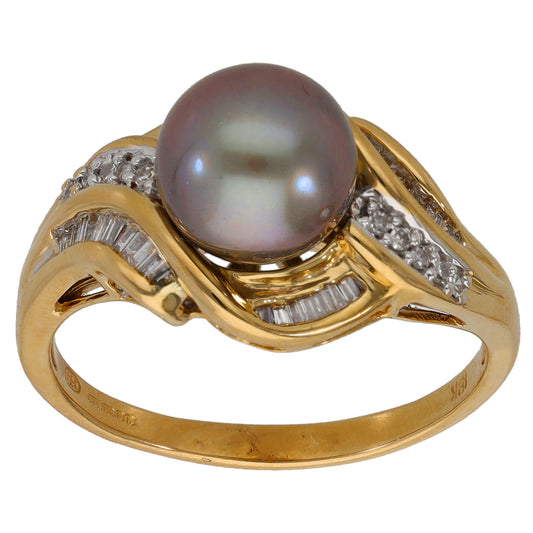 18ct Gold Cultured Pearl & 0.385ct Diamond Dress/Cocktail Ring Size T