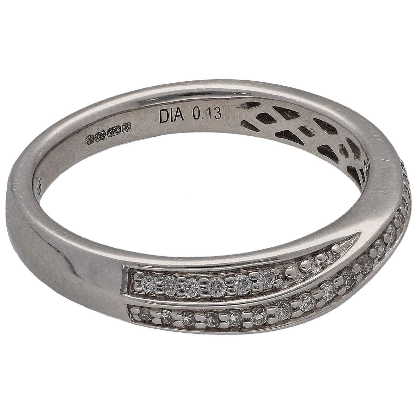 White gold half eternity ring with small round diamonds and openwork side details