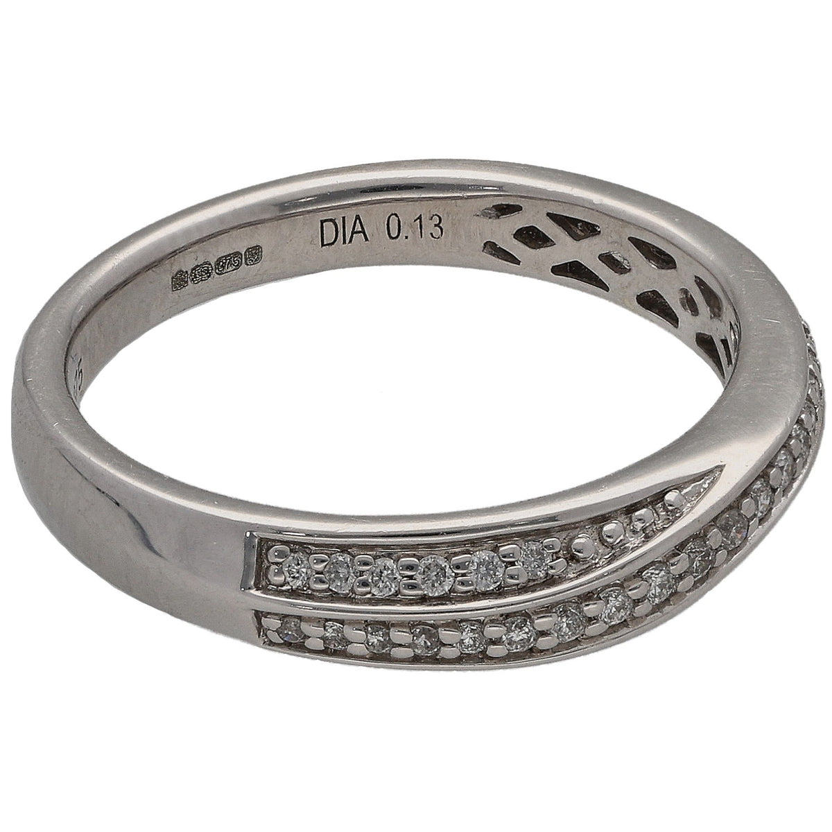 White gold half eternity ring with small round diamonds and openwork side details