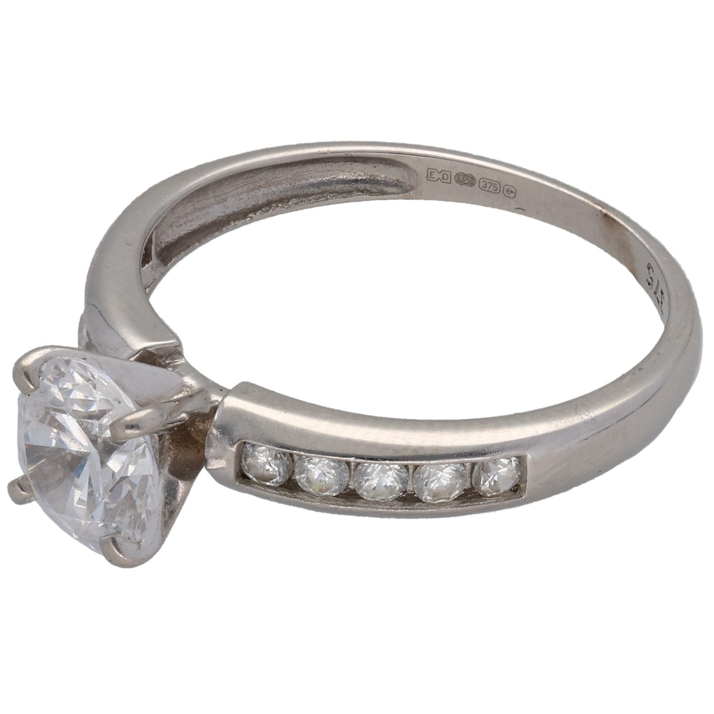 9ct White Gold Cubic Zirconia Single Stone Ring With Accents Size N
