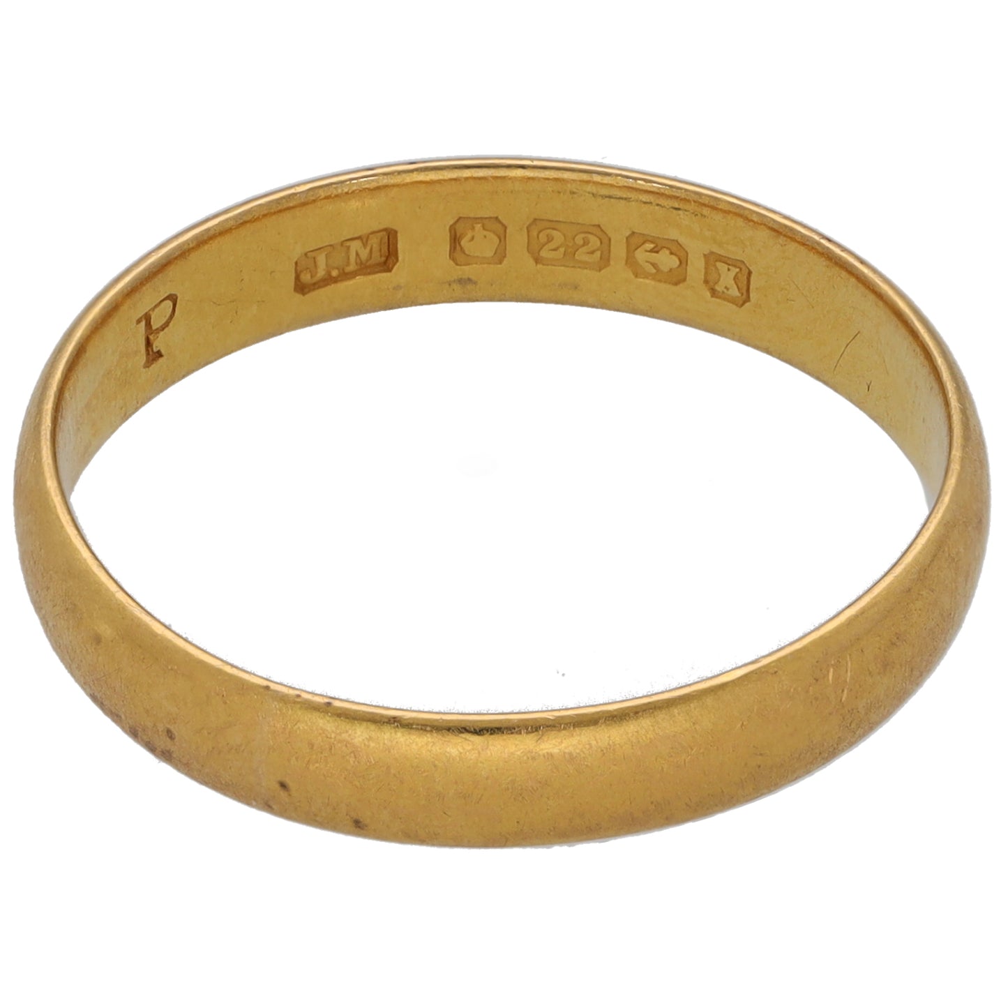 22ct gold wedding ring size R, inner hallmarks and stamped letters