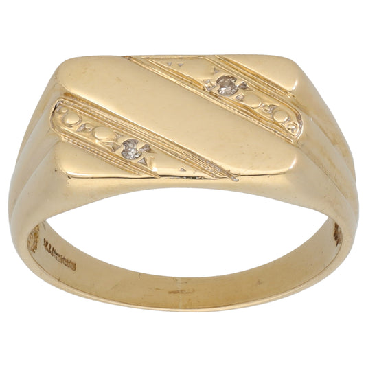 9ct Gold 0.01ct Diamond Patterned Signet Ring Size P
