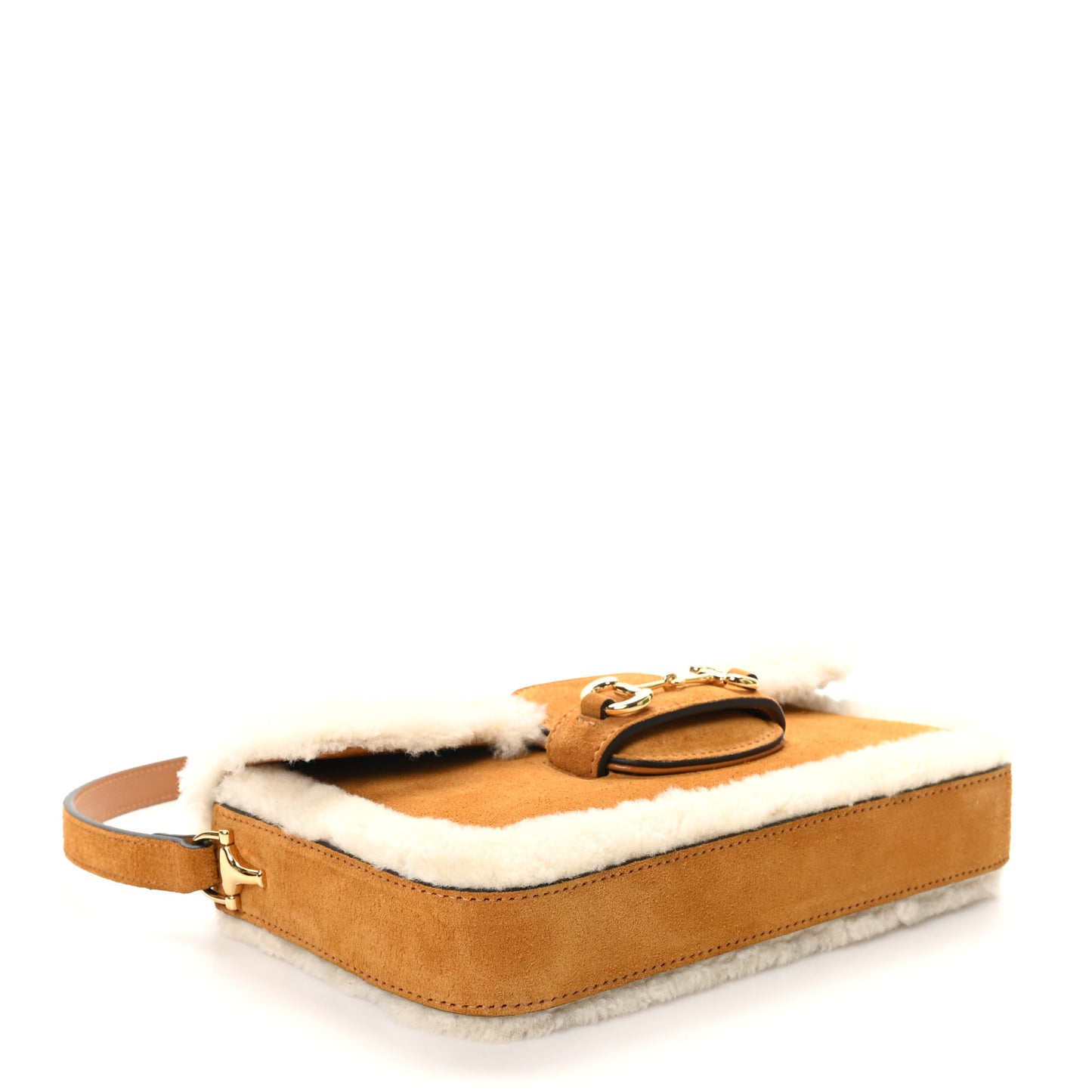 Gucci Suede Shearling Horsebit Mini 1955 Shoulder Suede Bag - Honey Beige
