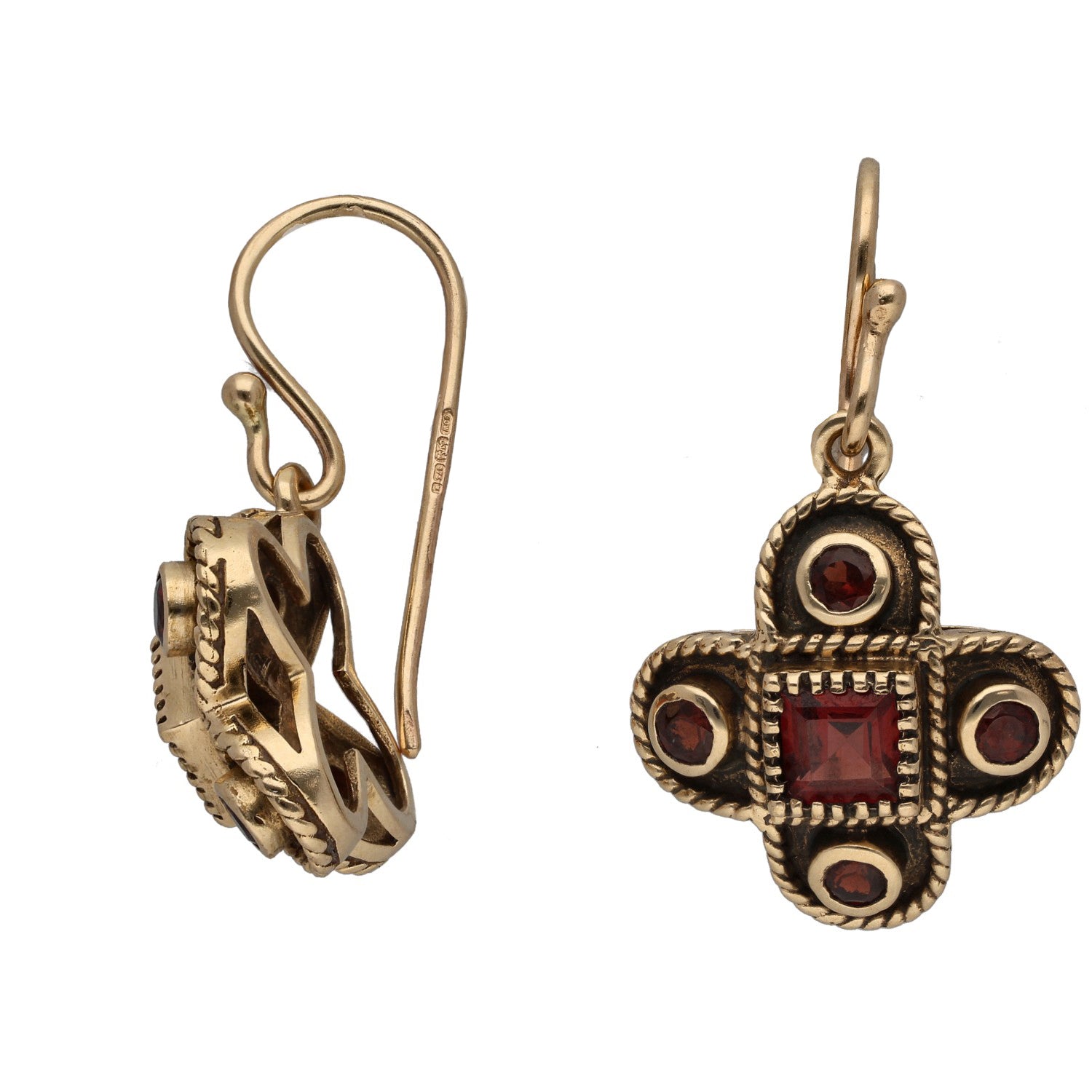 9ct gold drop earrings with cross-shaped garnet stones in bezel settings