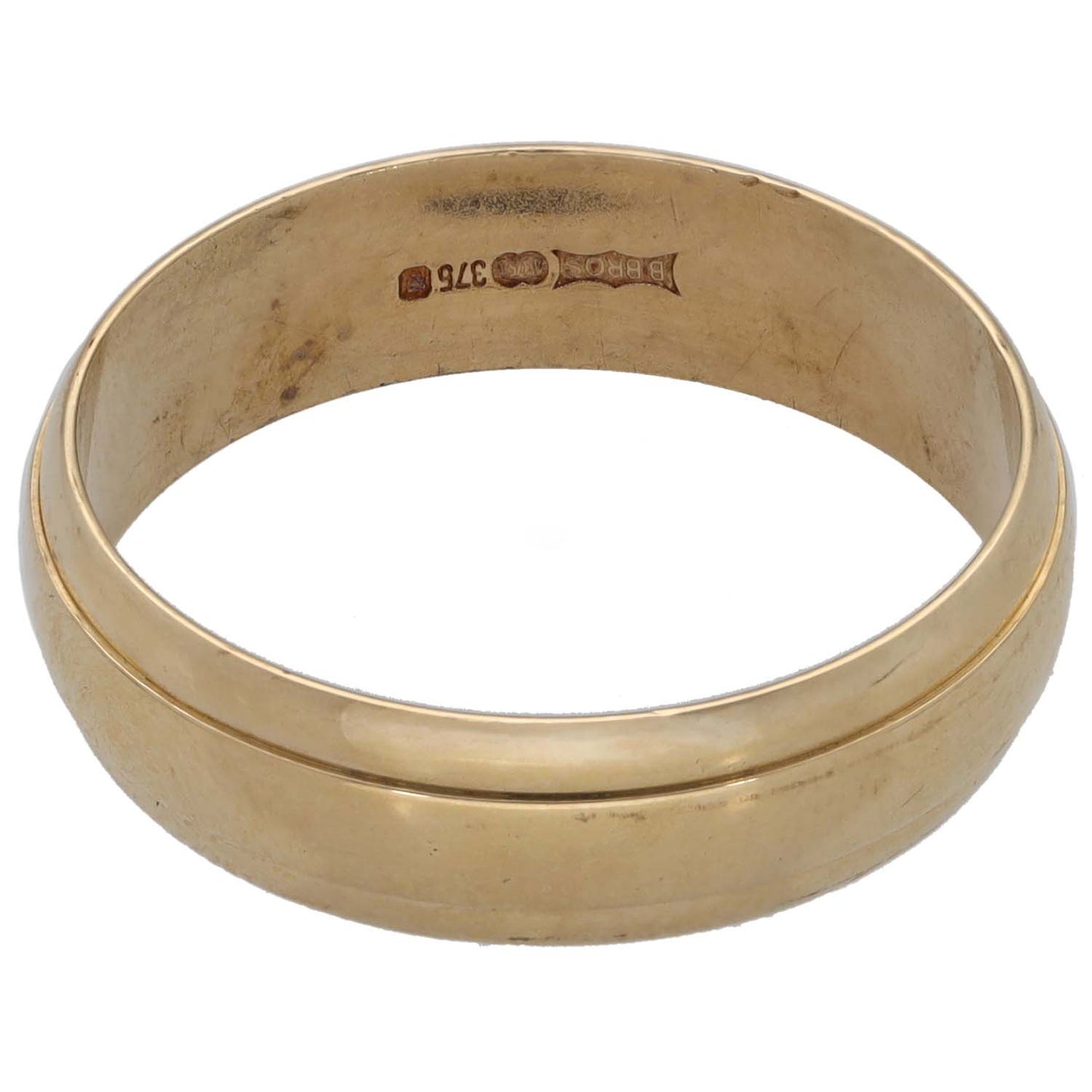 Plain gold wedding ring with '9ct' hallmark on inner band