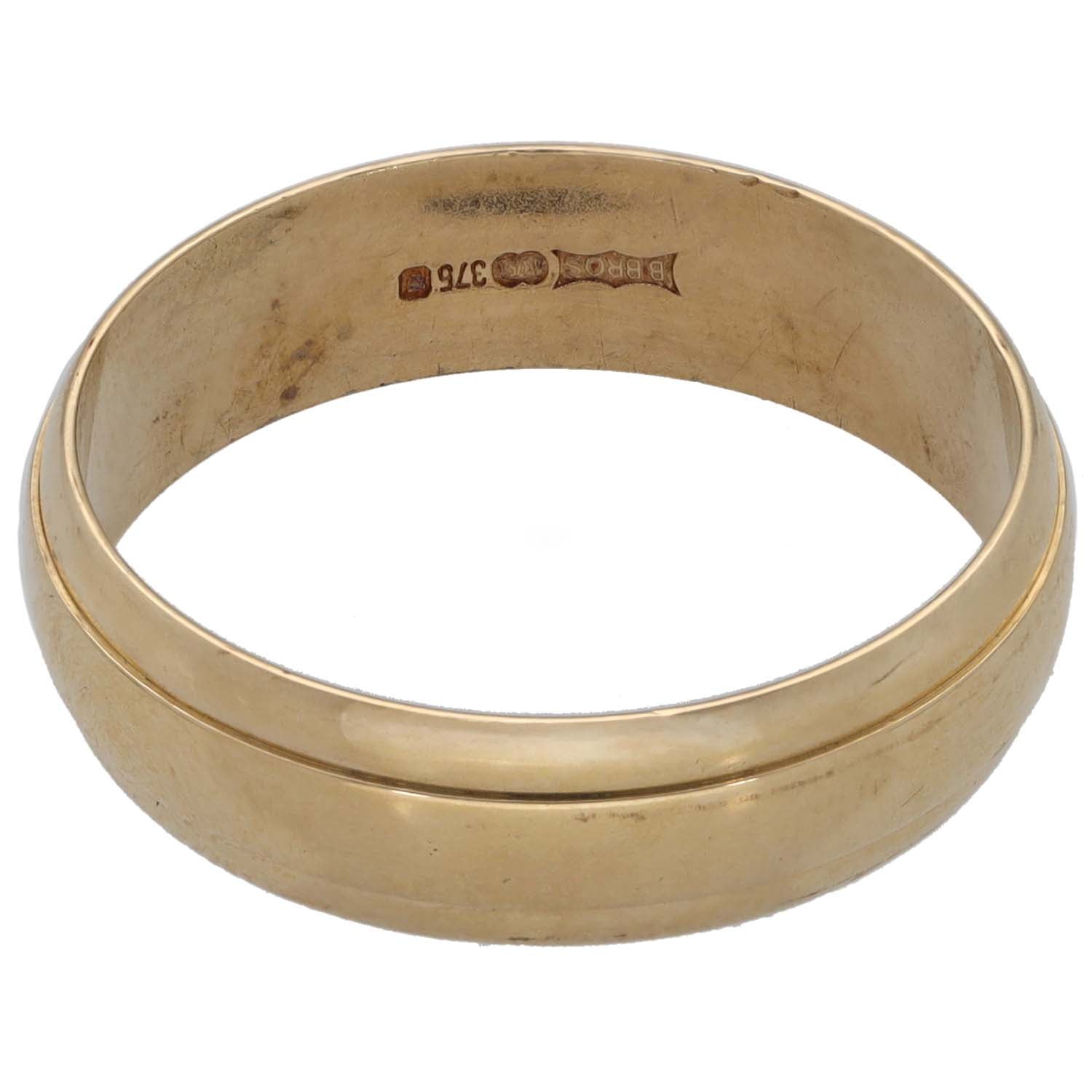 Plain gold wedding ring with '9ct' hallmark on inner band