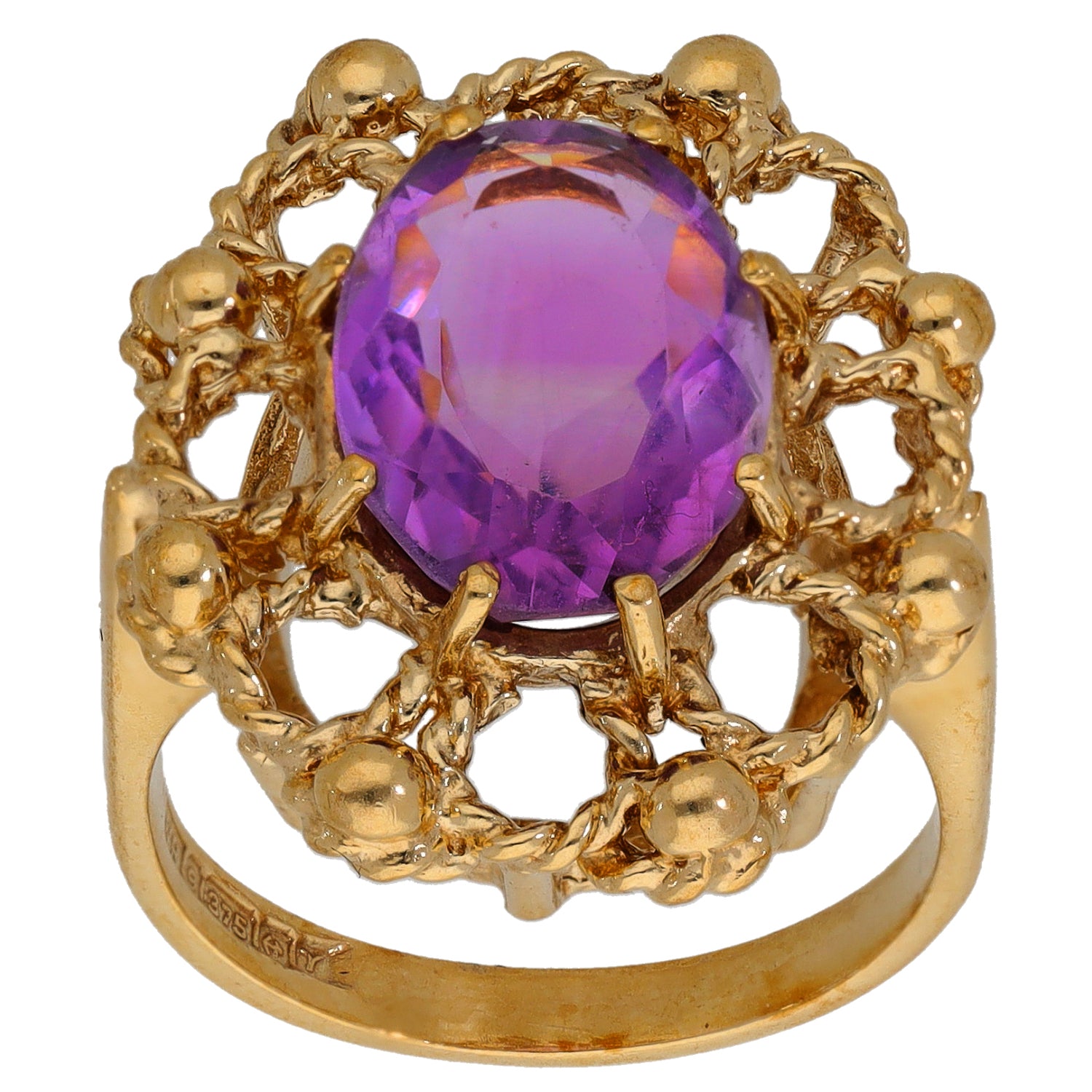 9ct gold amethyst ring with round faceted purple gemstone in decorative openwork basket