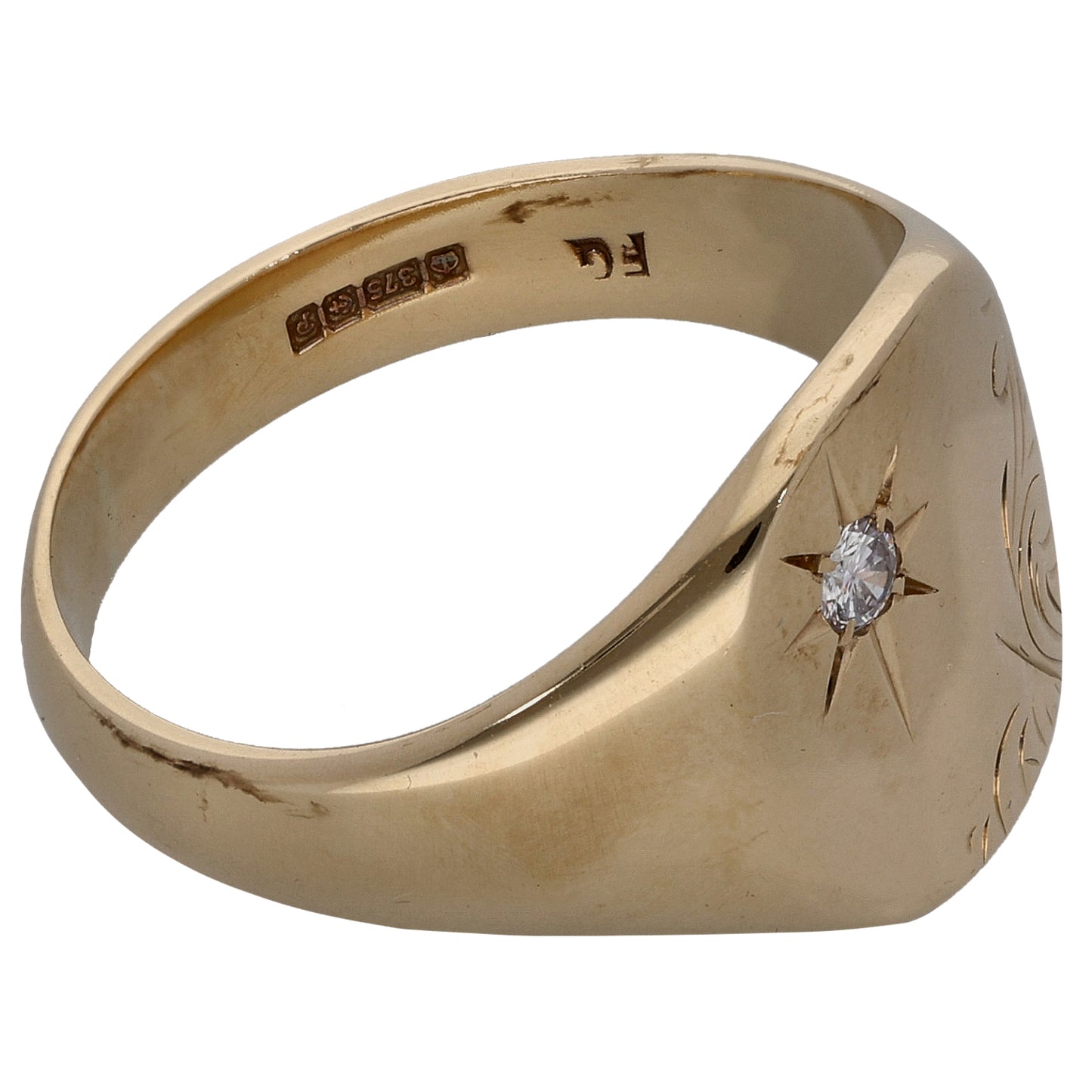 9ct Gold 0.05ct Diamond Patterned Signet Ring Size S