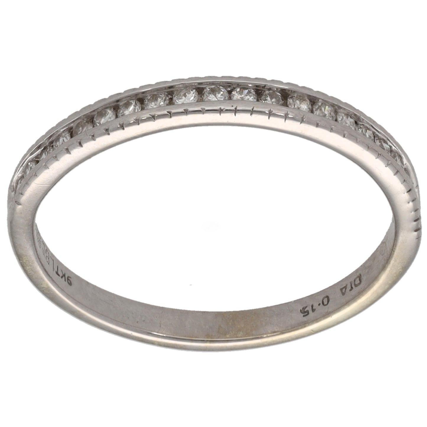 9ct white gold half eternity ring with round diamonds across the top band