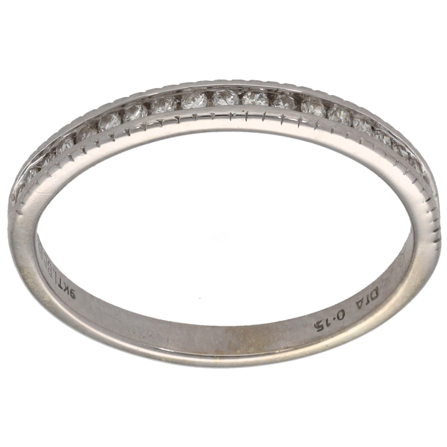9ct white gold half eternity ring with round diamonds across the top band