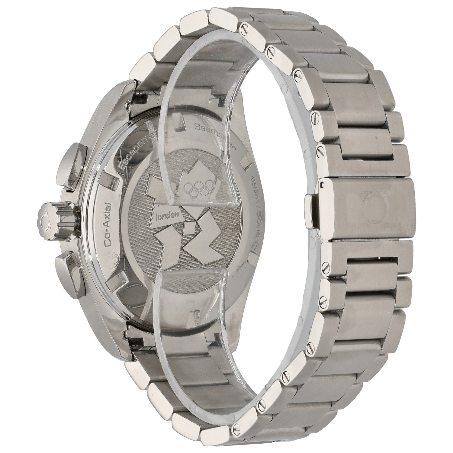 Omega Seamaster 522.10.44.50.03.001 Stainless steel chronograph watch case back with markings and linked metal bracelet