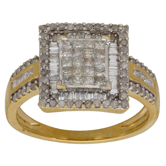 Yellow gold square diamond cluster ring with princess-cut center and halo stones