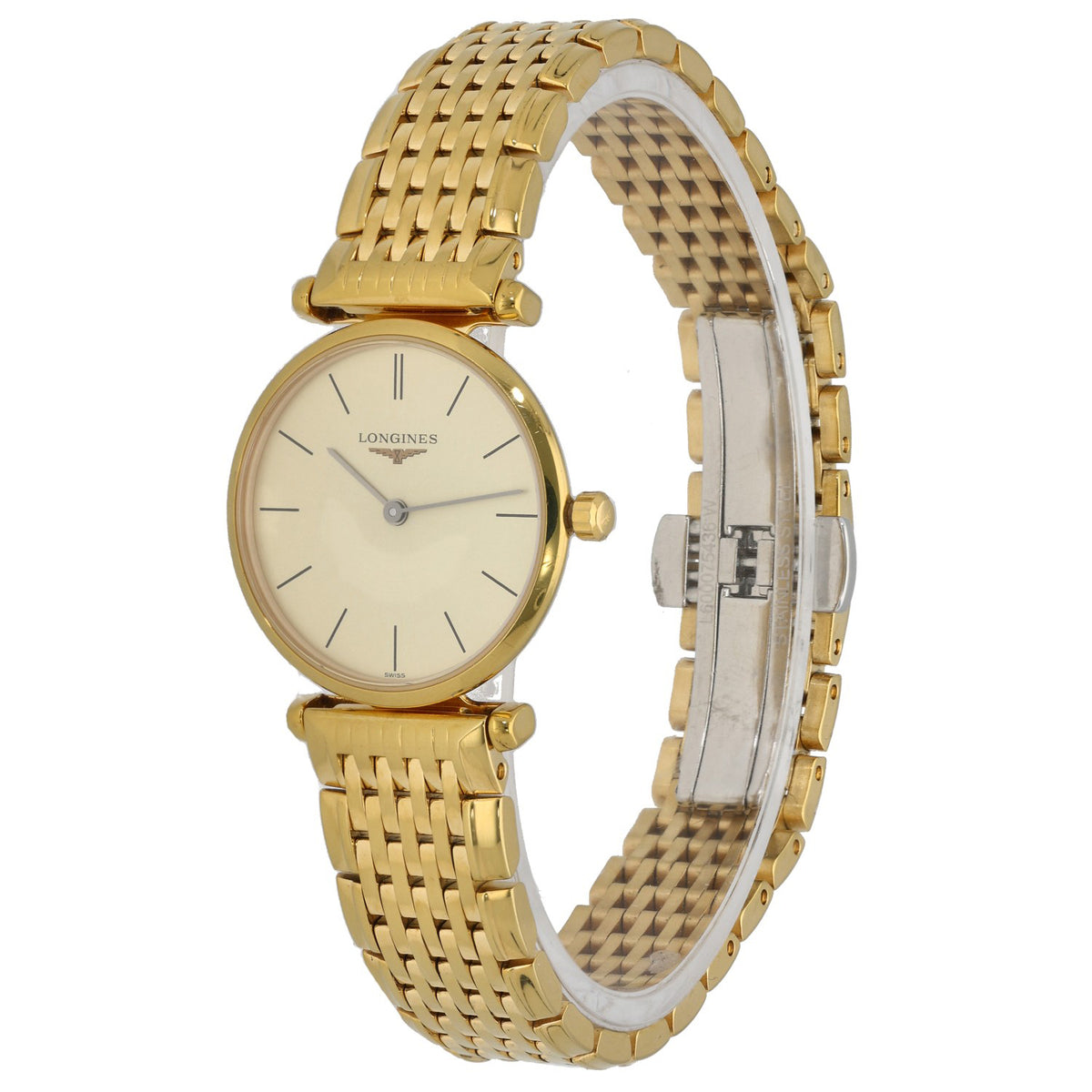Longines La Grande Classique L4.209.2, champagne dial in gold plated stainless steel case and bracelet, front angle