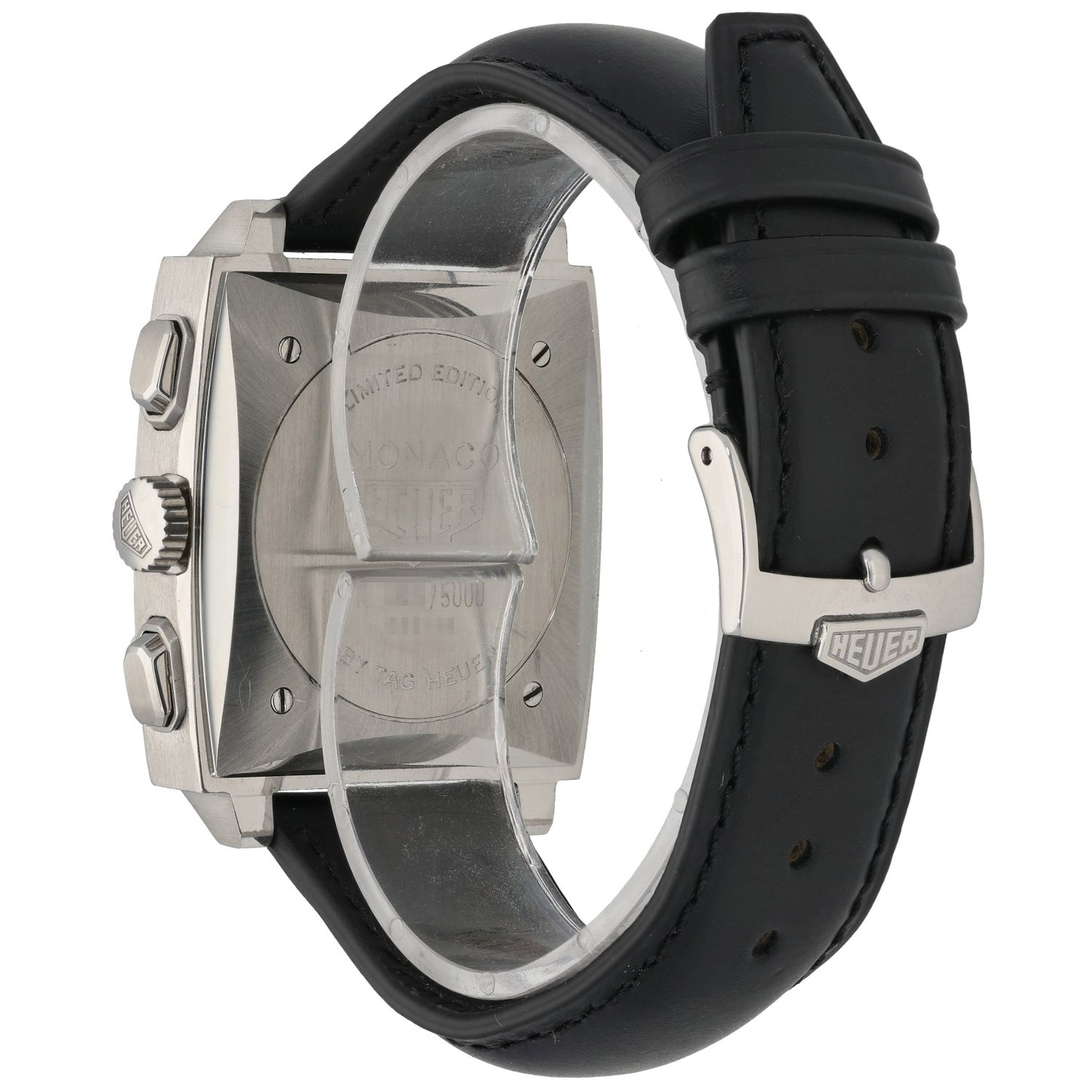 Tag Heuer Monaco CS2110 stainless steel watch, black leather strap, caseback and side crown details
