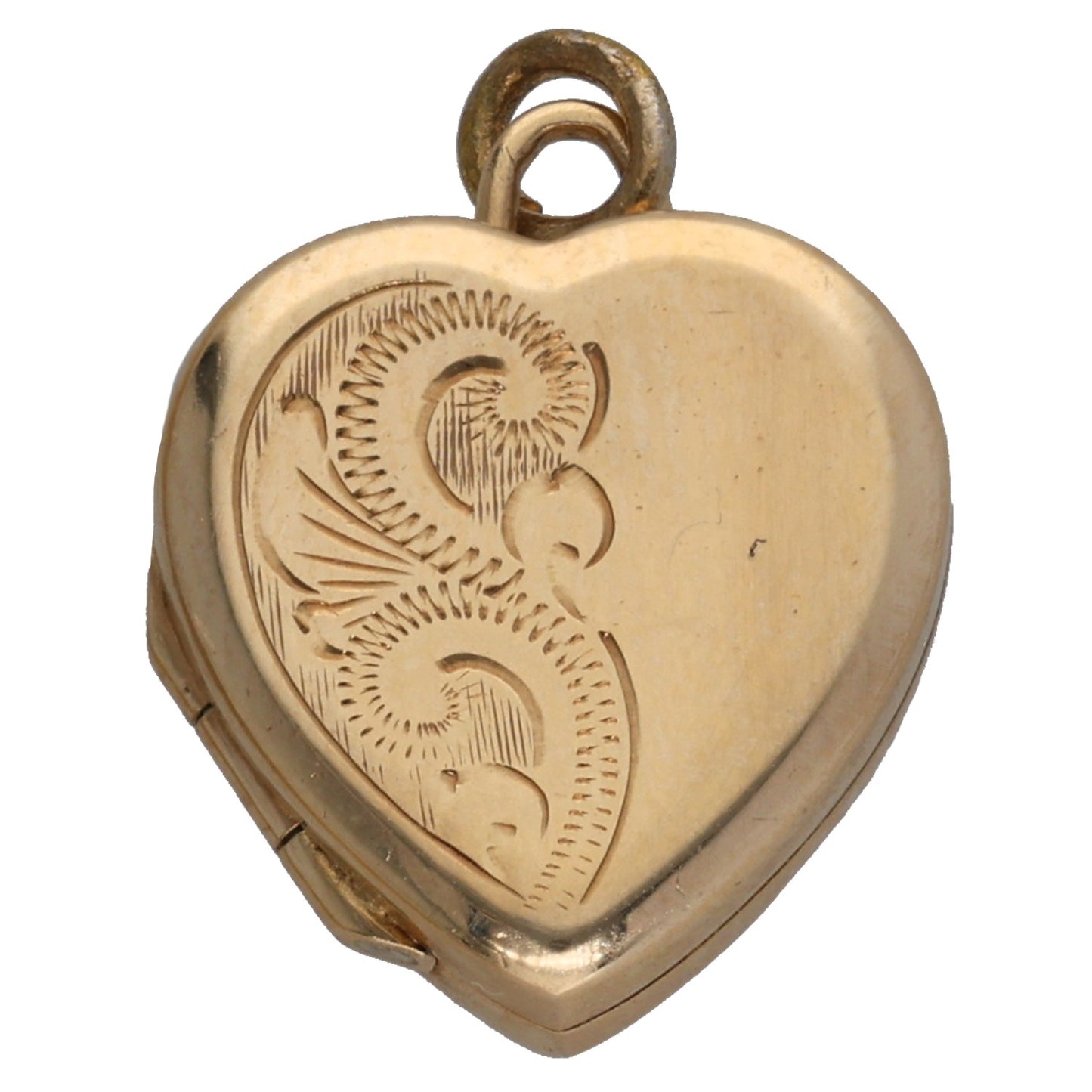 Gold heart locket pendant with engraved front and small hanging loop