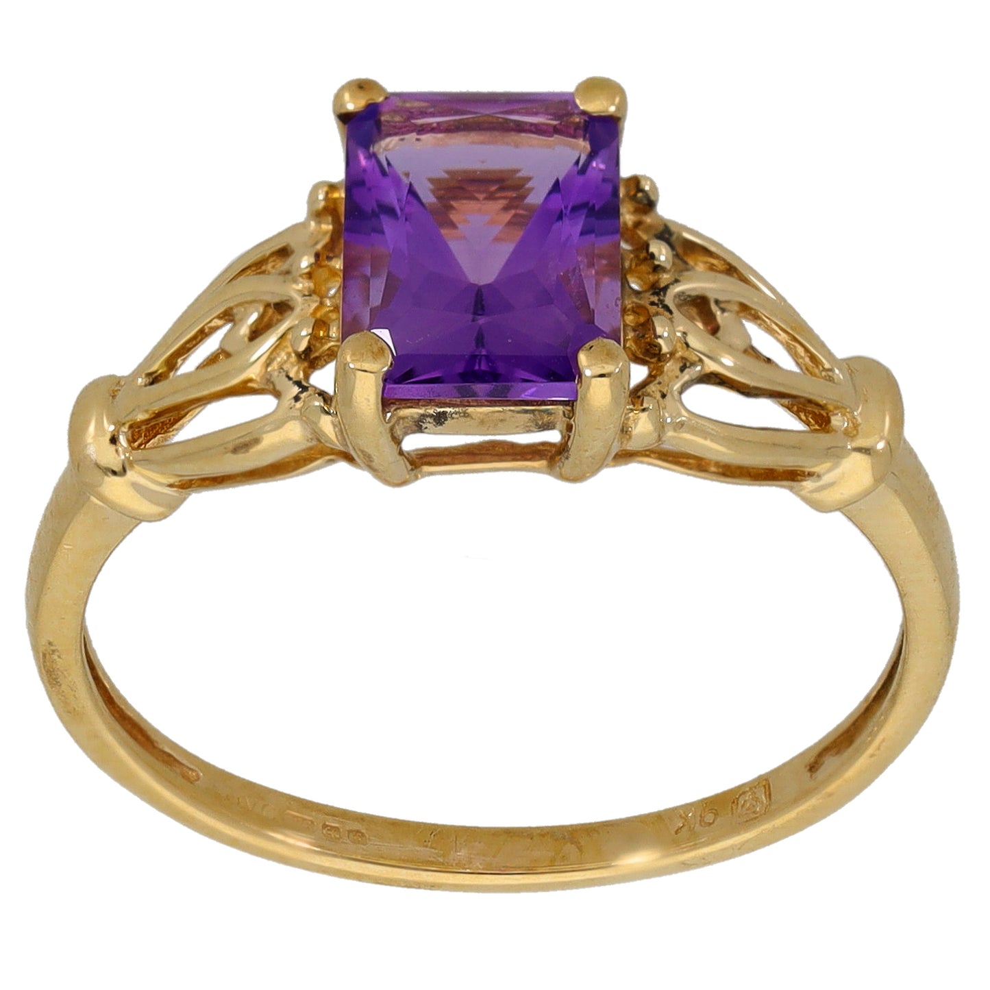 Gold amethyst ring featuring a square-cut purple stone in ornate openwork setting