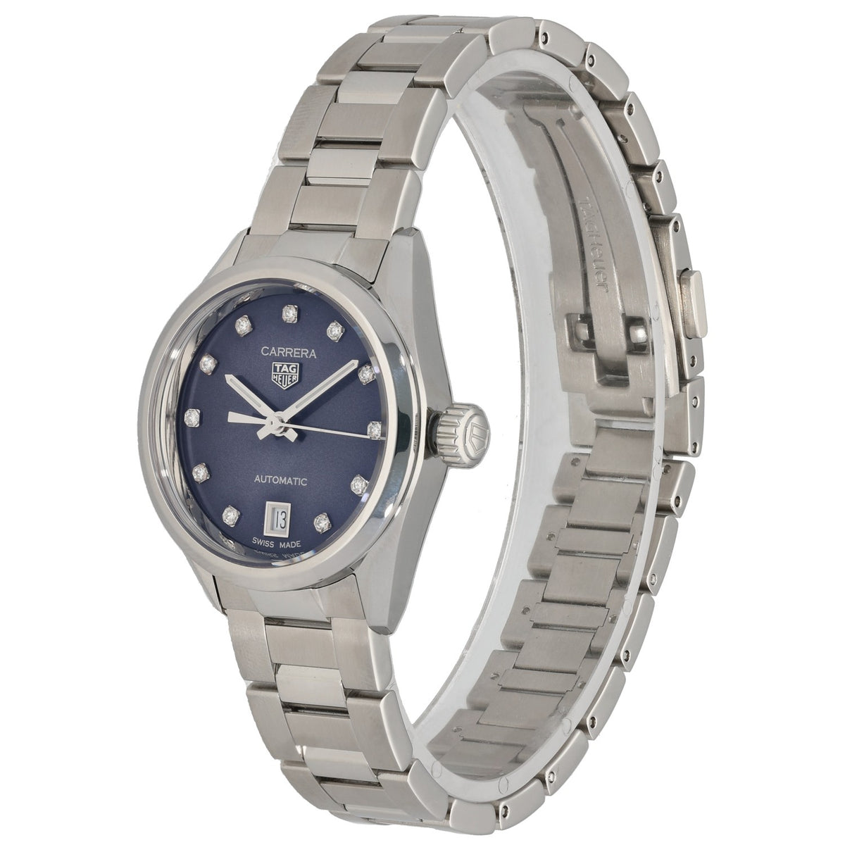 Stainless steel Tag Heuer Carrera WBN2413 automatic watch with blue dial, crown detail, linked bracelet