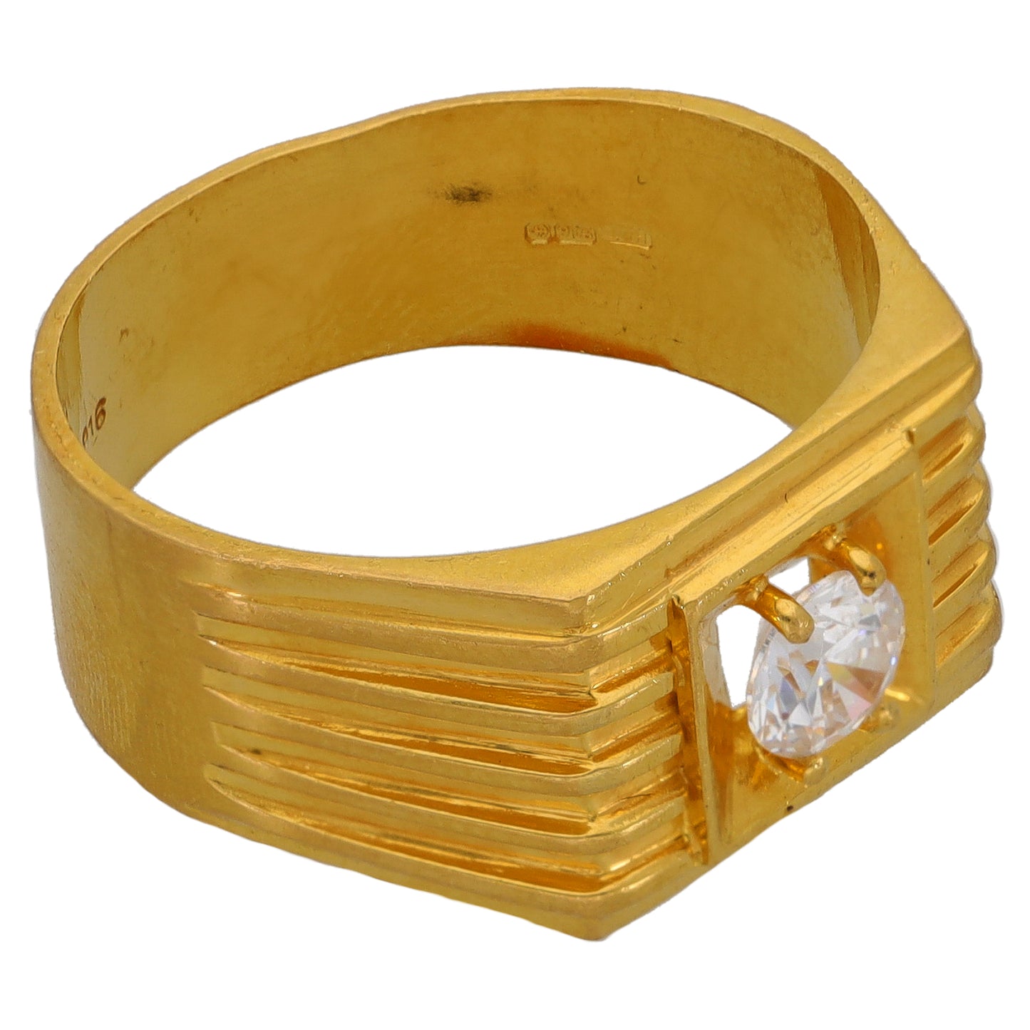22ct Gold-tone CZ single-stone ring, round clear center stone and ridged band