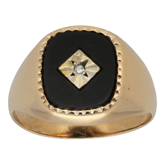 9ct Gold Onyx & 0.01ct Diamond Signet Ring Size S