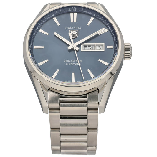 Tag Heuer Carrera WAR201E Stainless steel watch with blue dial, baton markers, and date window at 3