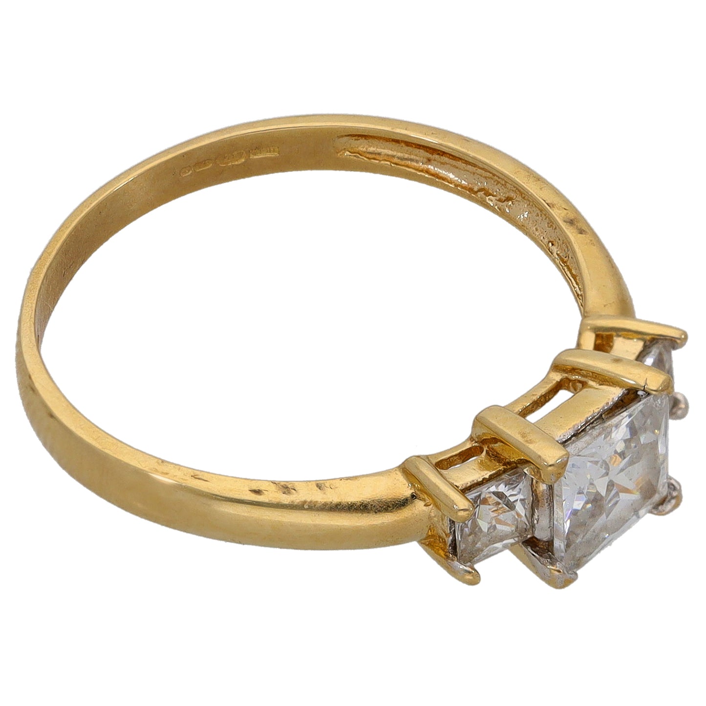 9ct gold CZ three-stone ring with square stones and gold prong setting