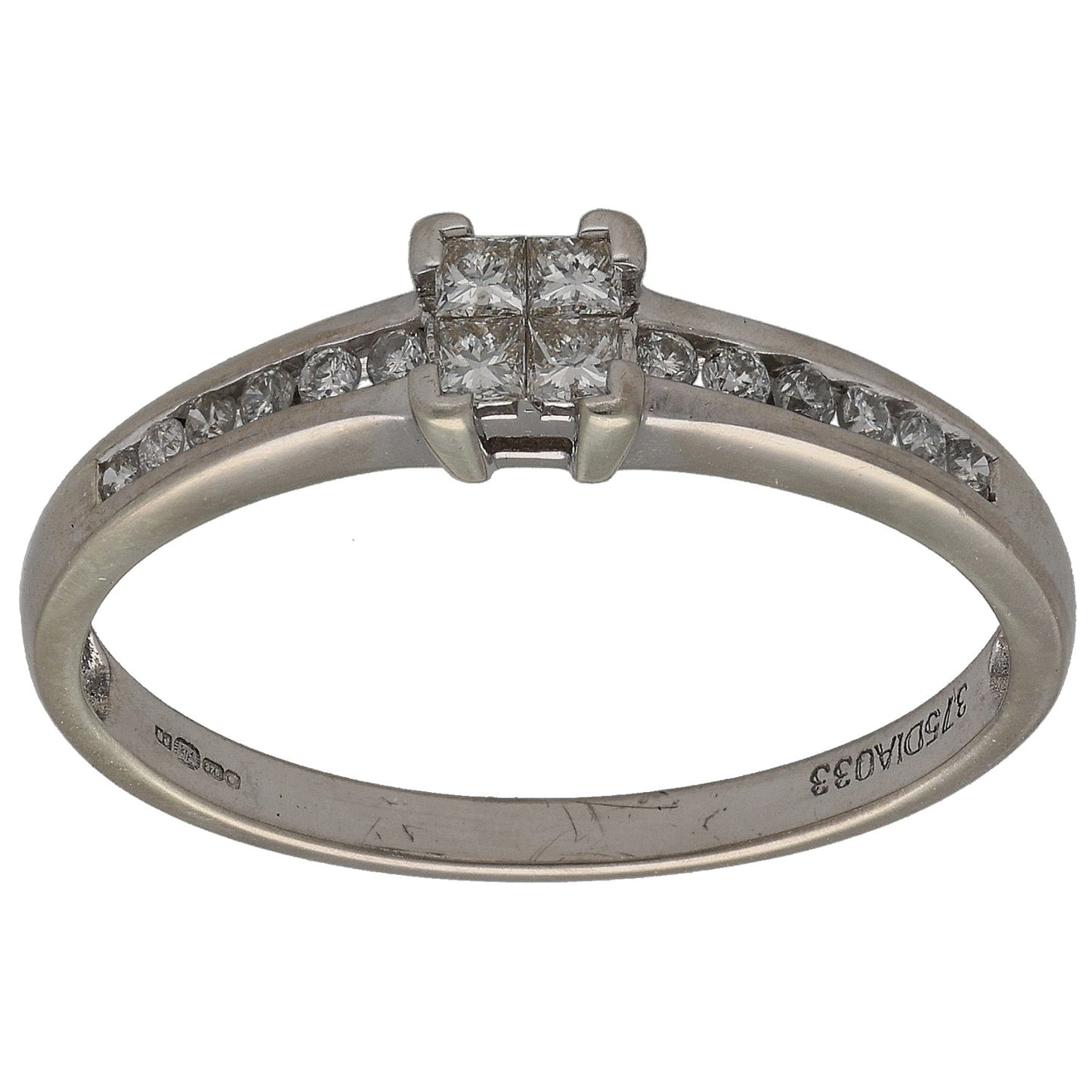White gold cluster diamond ring with princess center and round side stones