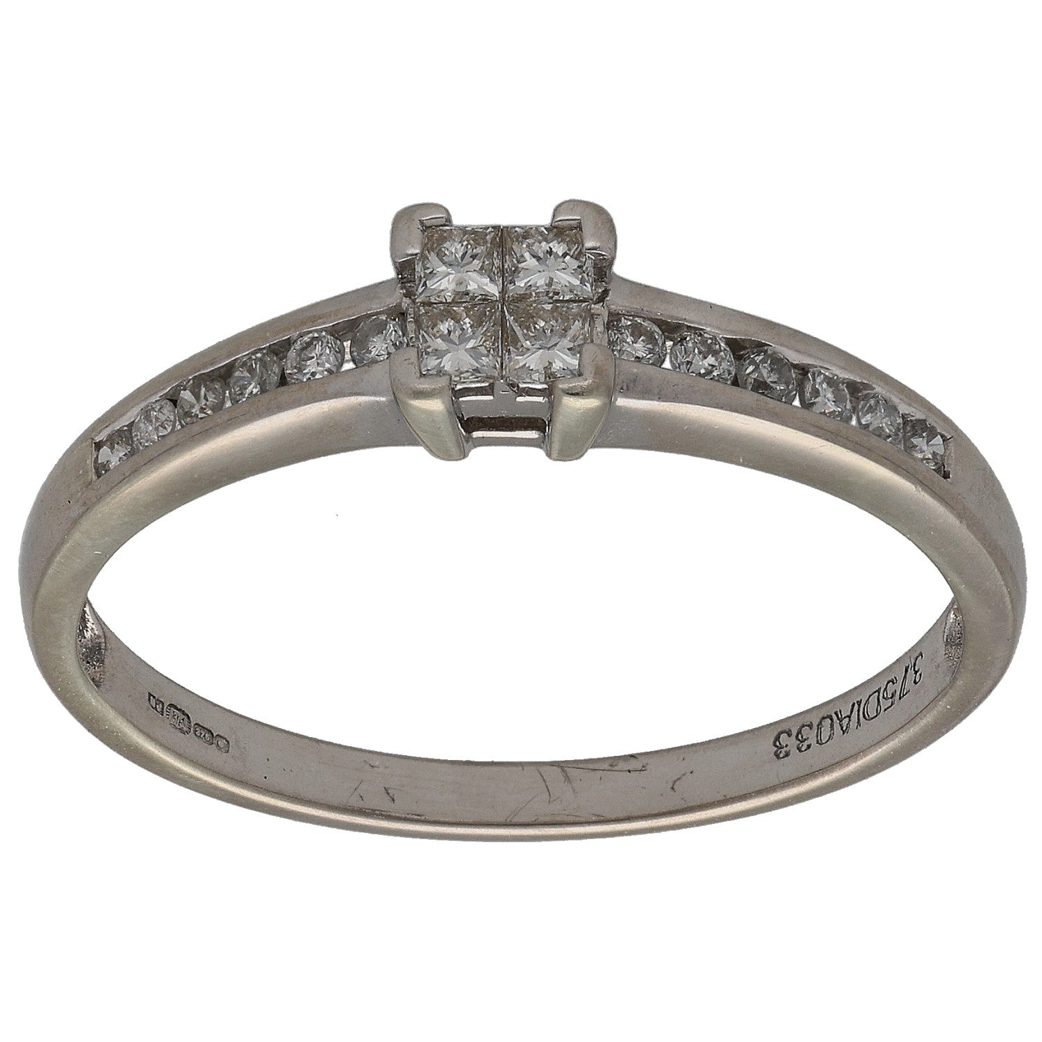 White gold cluster diamond ring with princess center and round side stones