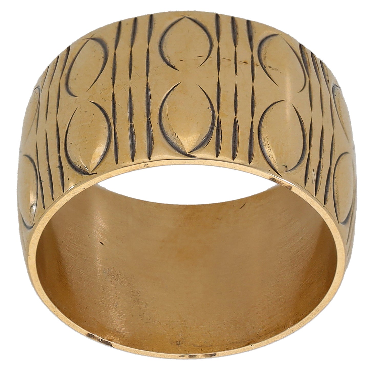Gold wedding ring with raised engraved circle and line pattern, open inside