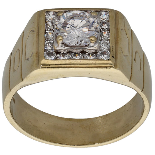 9ct Gold Cubic Zirconia Patterned Signet Ring Size R
