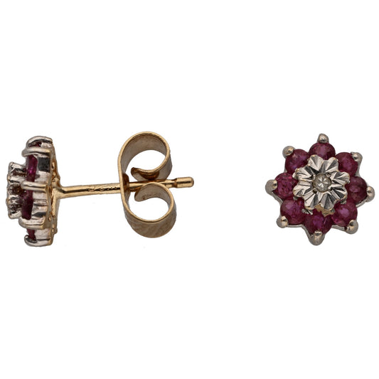 9ct Gold Ruby & 0.01ct Diamond Cluster Earrings