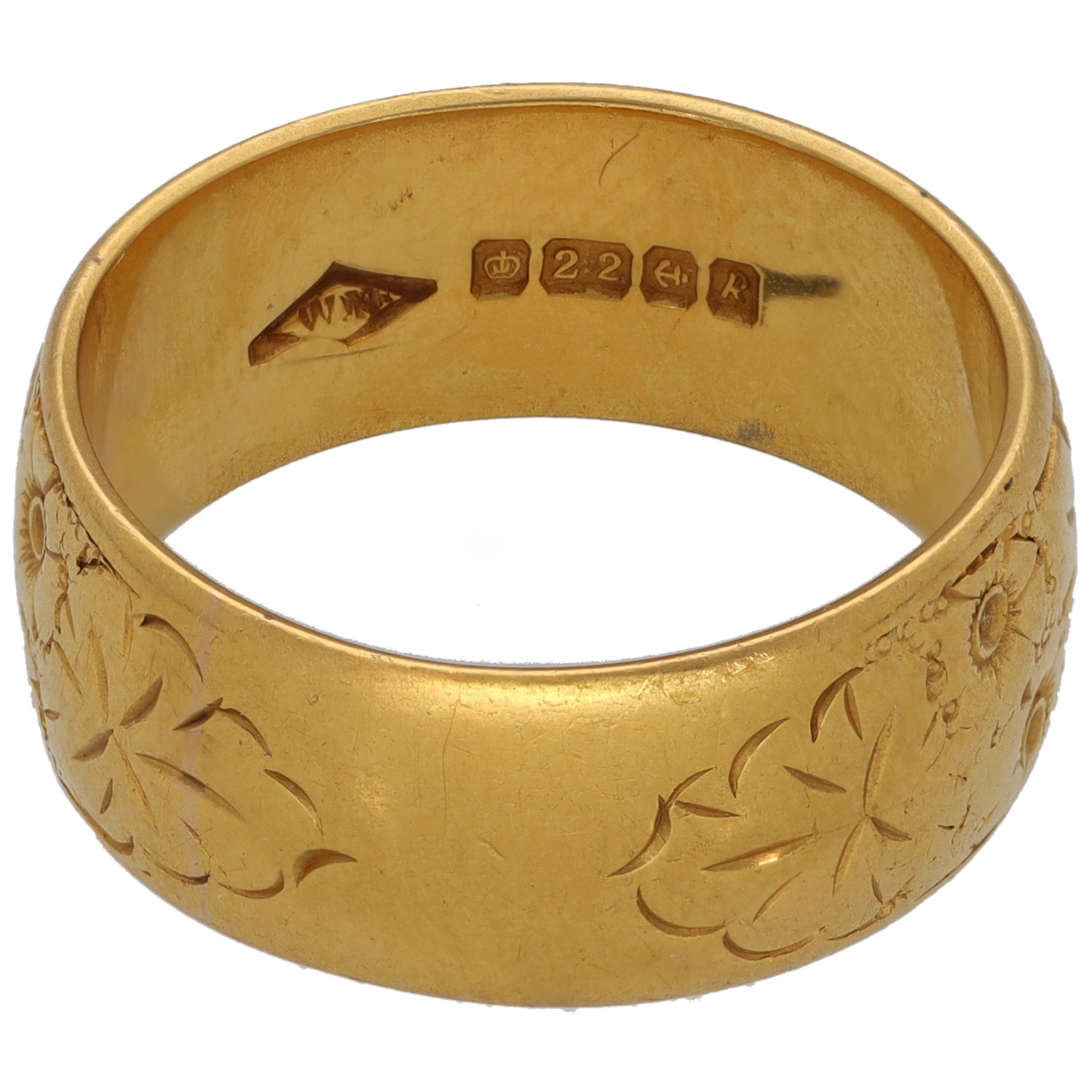 22ct gold wedding ring with engraved '22' stamp and leafy inner pattern
