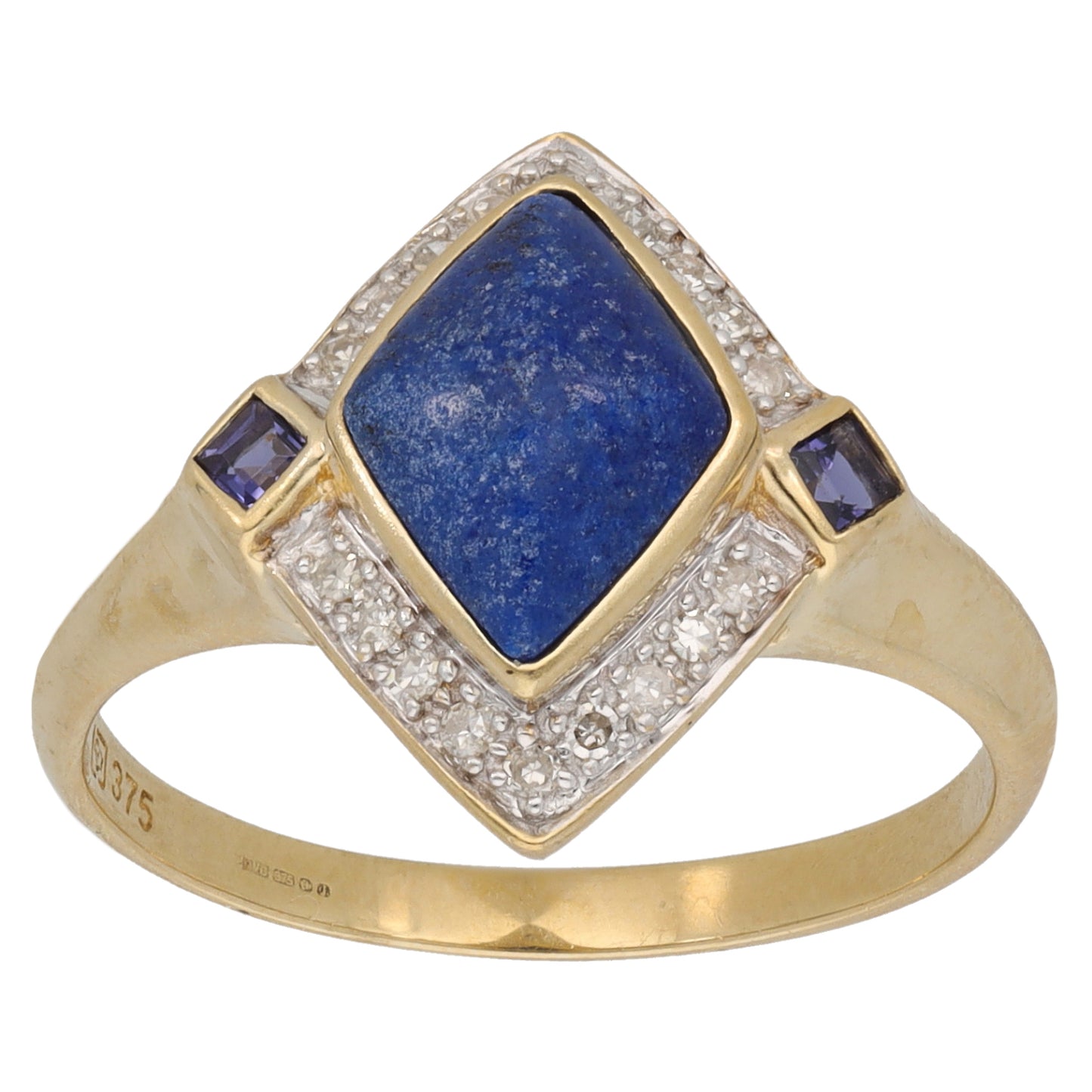 9ct Gold Lapis Lazuli & Sapphire & 0.18ct Round Diamond Dress/Cocktail Ring Size S