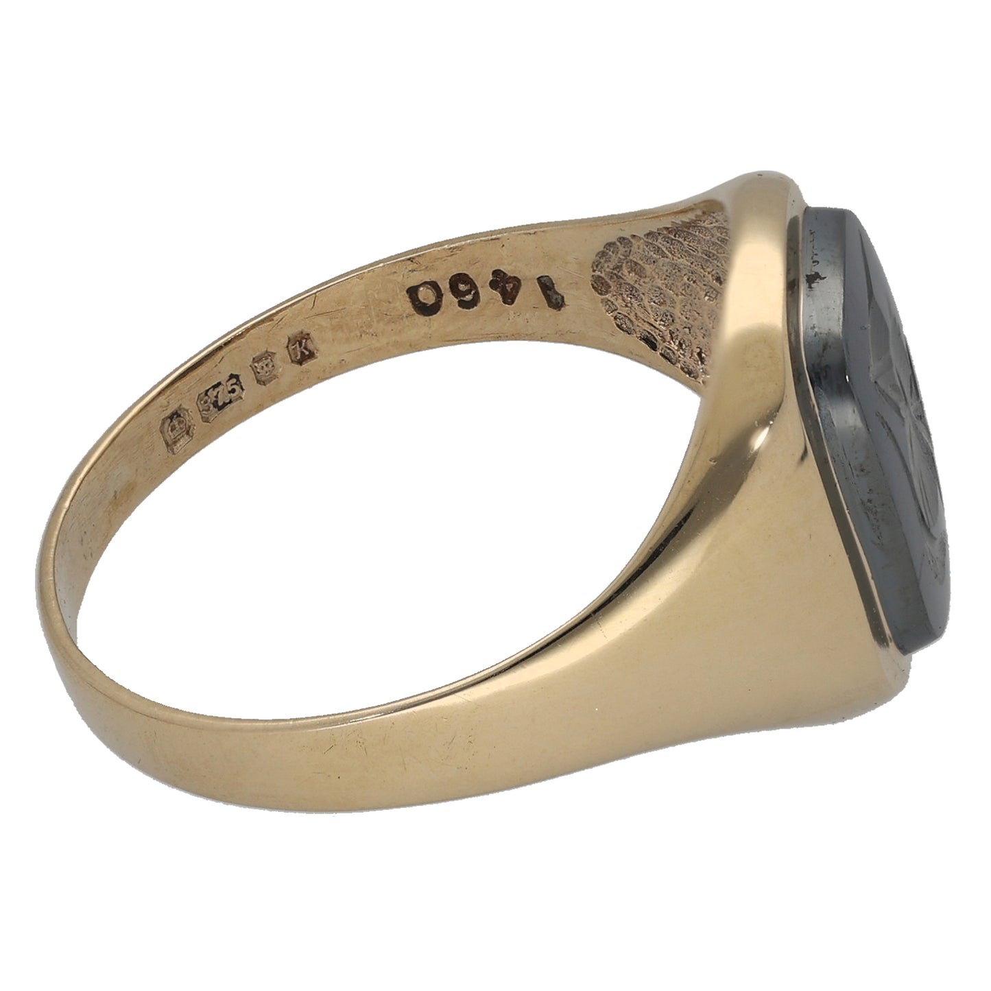 9ct Gold Hematite Patterned Single Stone Signet Ring Size W