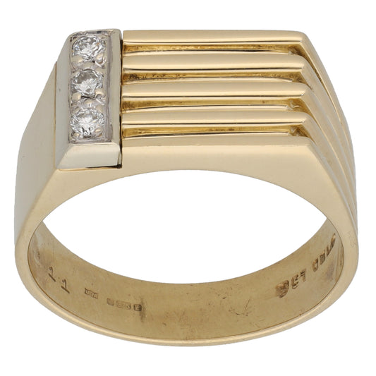 9ct Bi-Colour Gold 0.11ct Diamond Patterned Signet Ring Size V