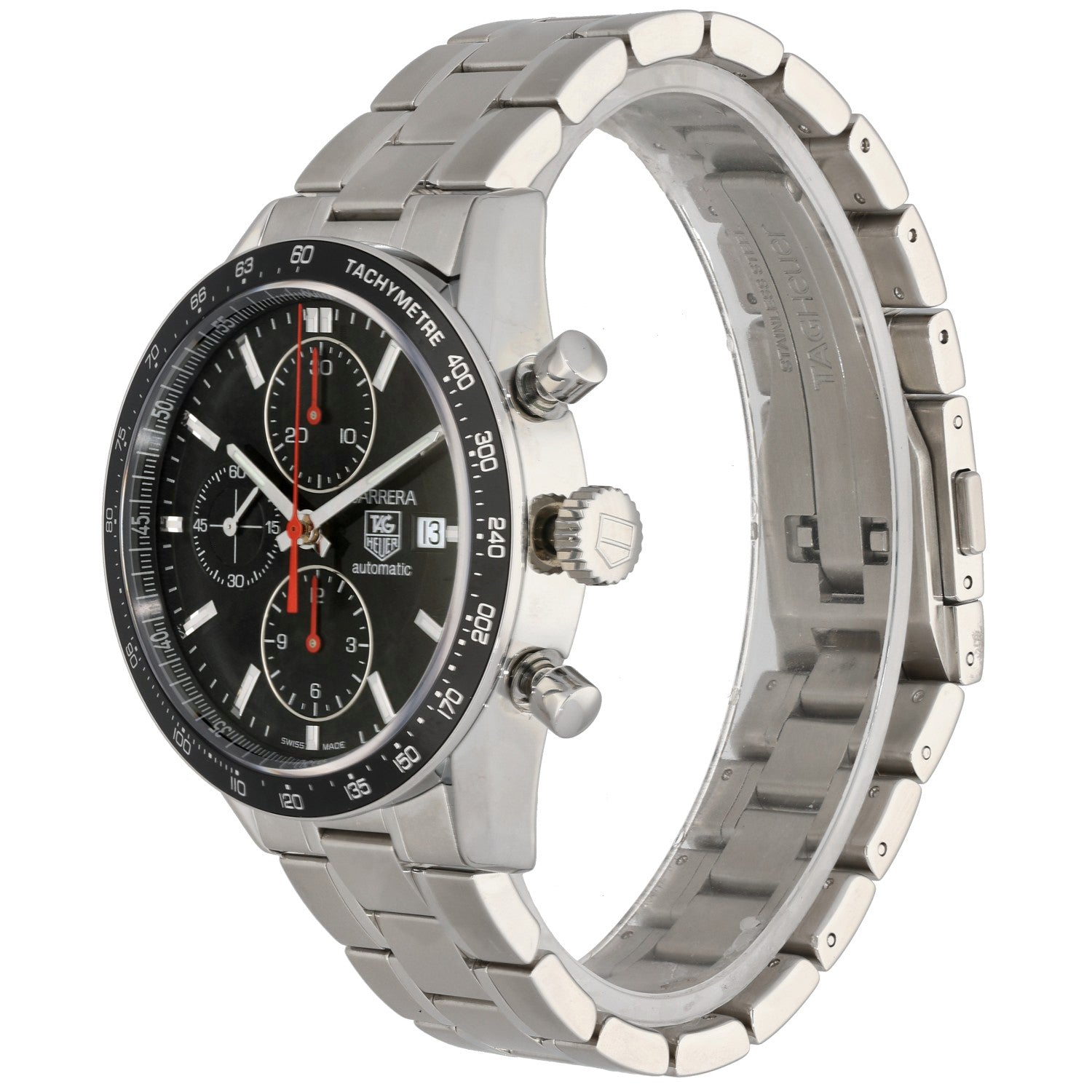 Tag Heuer Carrera CV2014-3 Stainless steel watch side view with crowns and pushers, black dial, metal bracelet