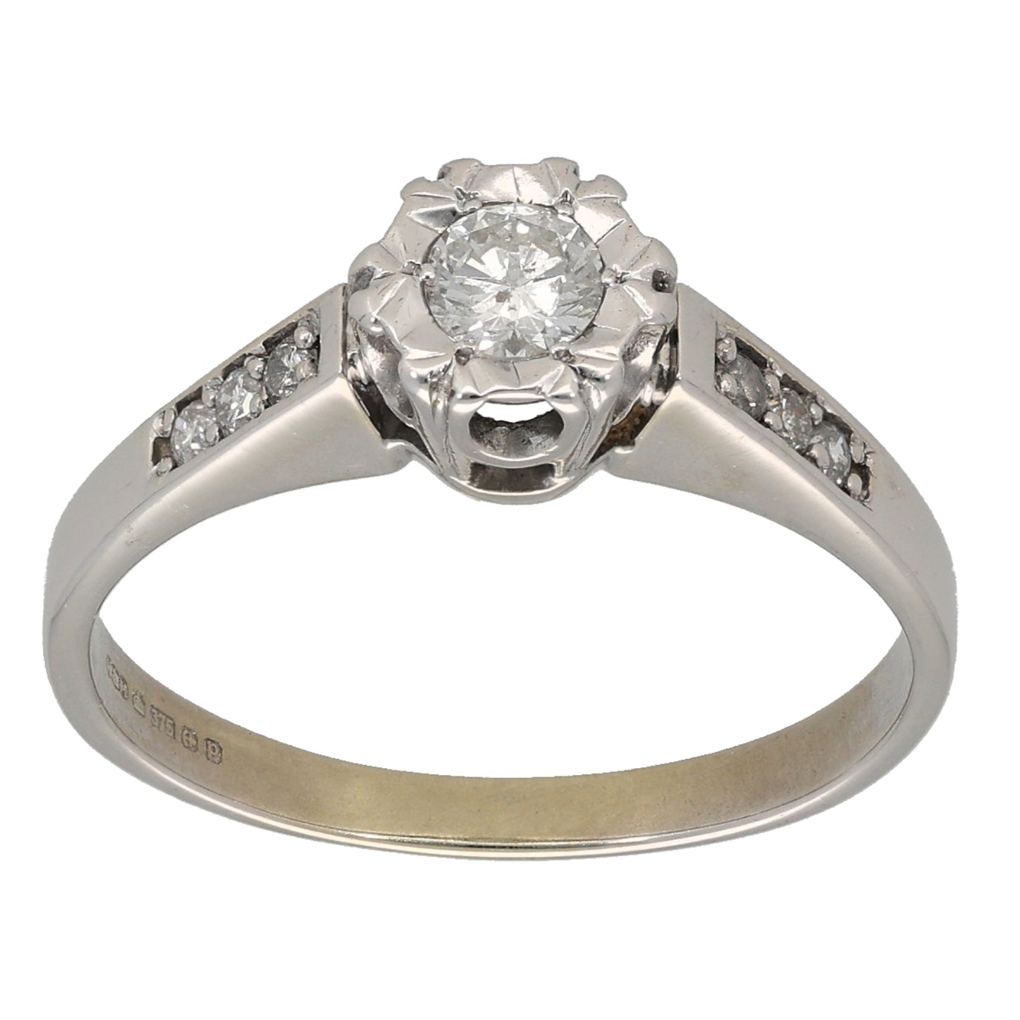 9ct White Gold 0.28ct Diamond Solitaire Ring With Accent Stones Size M