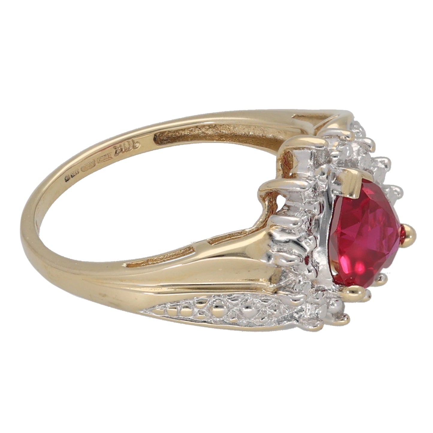 9ct Gold Man Made Ruby & 0.03ct Diamond Cluster Ring Size J