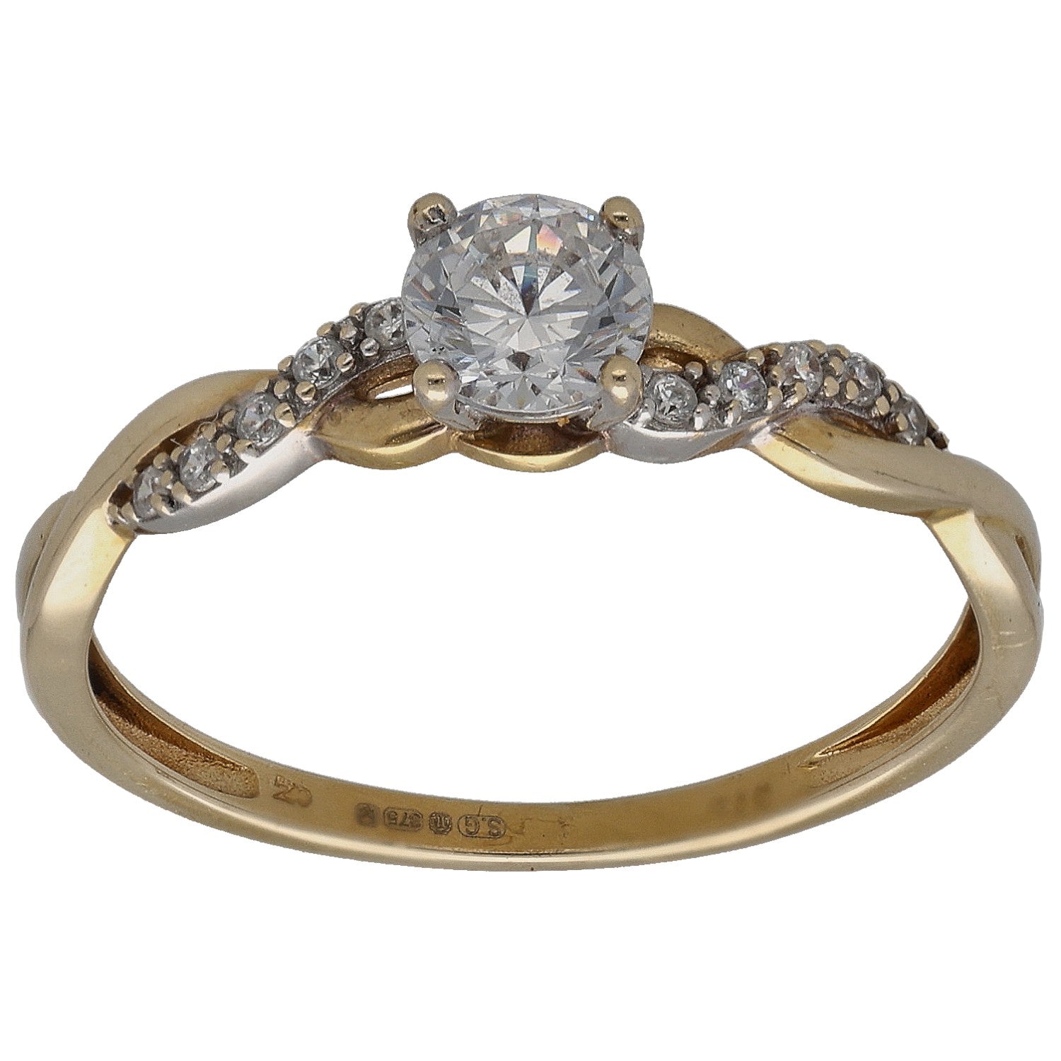 Gold CZ single-stone ring with diamond-like side accents and round center stone