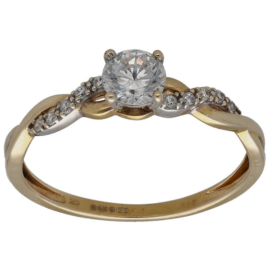 Gold CZ single-stone ring with diamond-like side accents and round center stone