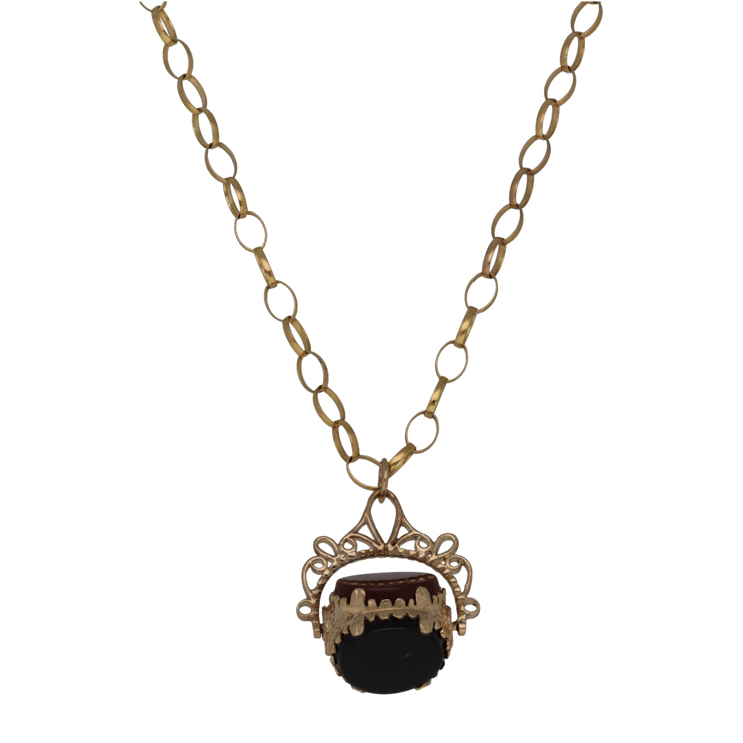 9ct gold fob pendant necklace with oval dark stone and ornate openwork frame
